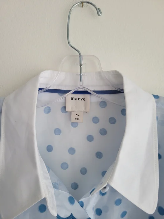 MAEVE by Anthropologie Blue Puff Shoulder Collared Polka Dot Sheer Blouse - Picture 4 of 10